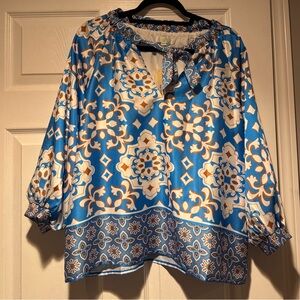 NWT Jade by Melody Tam Blue and White Patterned Women's Top Tie Front Silky